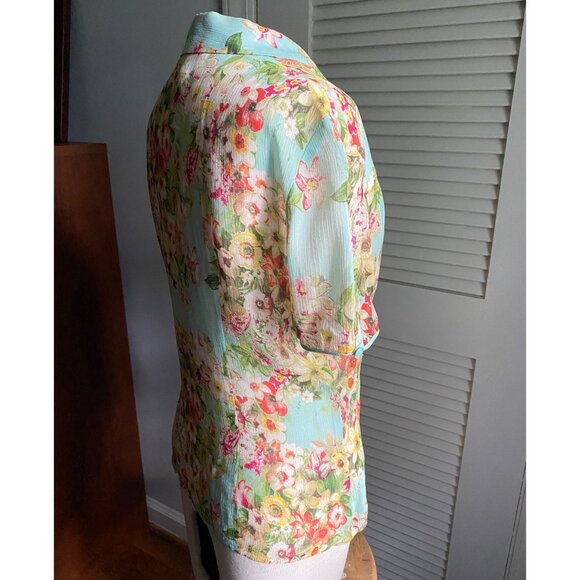 Silk Button-down Short Puff Sleeves Floral Blouse Aqua 6 - Picture 6 of 12